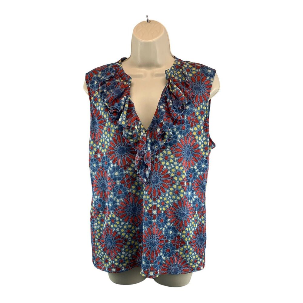 Chaps Denim Floral Ruffles Top Sleeveless V Neck Womens Size XL Pullover Casual